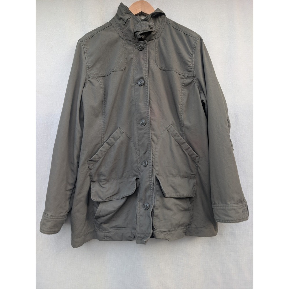 LL Bean Womens XL Field Coat Olive Drab Striped Lining Cotton Nylon Barn Jacket